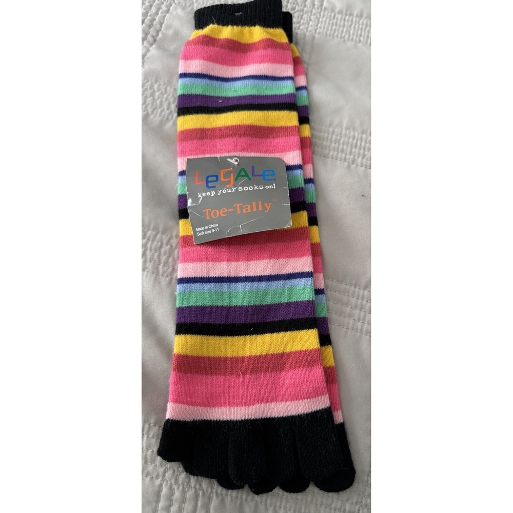 Toe-Tally‎ Rainbow Striped Pattern Toe Socks Size 9-11 Pink Accent